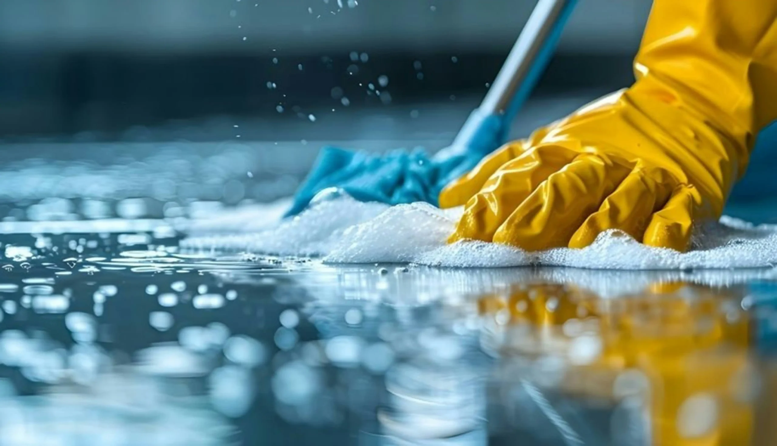 Cleaner wiping down a kitchen surface