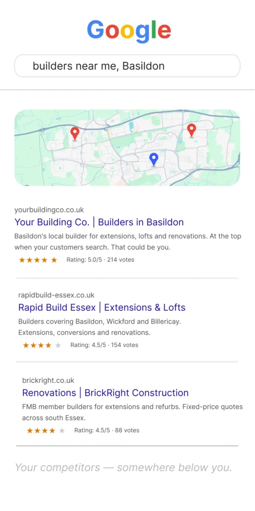 Google Maps top three for builders near me in Basildon with your business ranked first