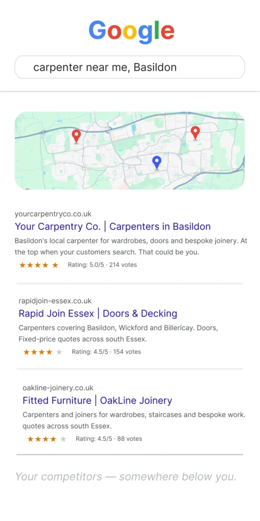 Google Maps top three for carpenter near me in Basildon with your business ranked first
