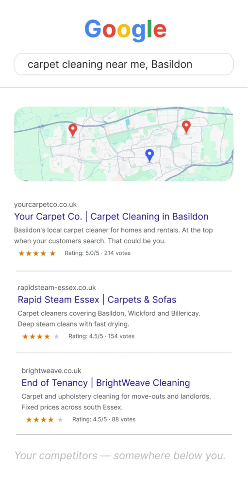 Google Maps top three for carpet cleaning near me in Basildon with your business ranked first