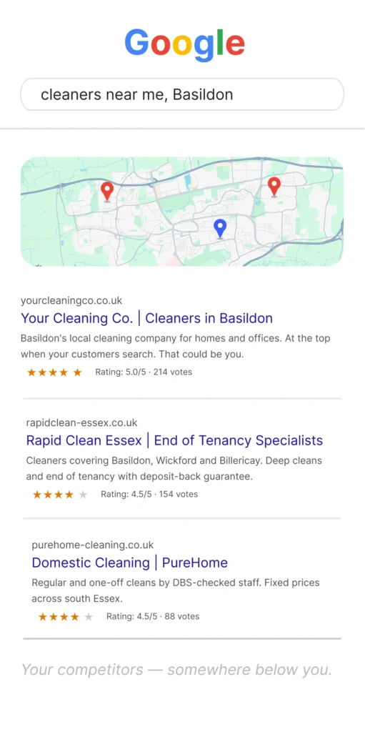 Google Maps top three for cleaners near me in Basildon with your business ranked first