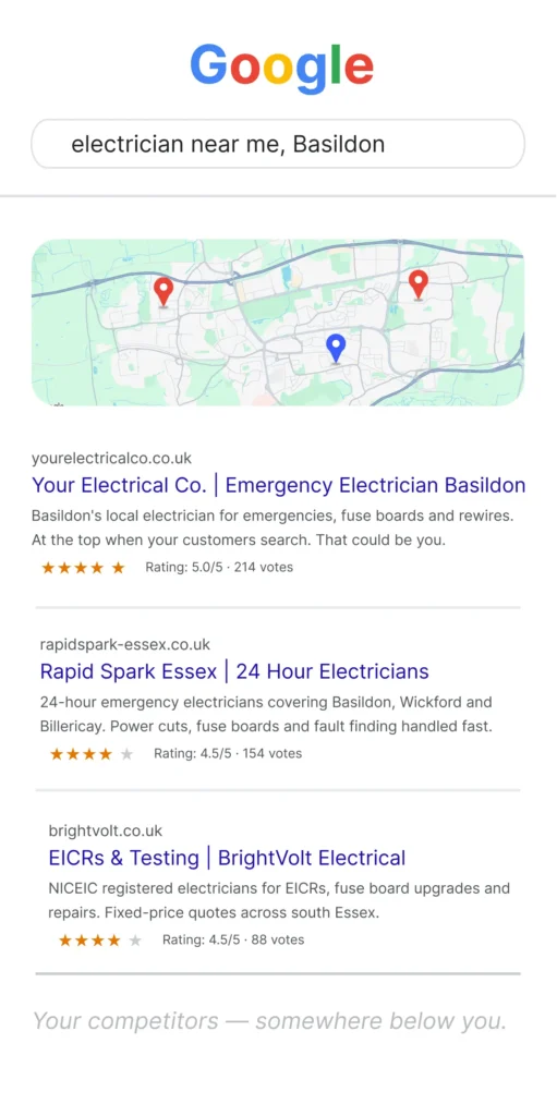 Google Maps top three for electrician near me in Basildon with your business ranked first
