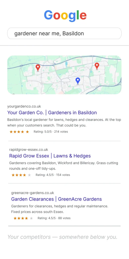 Google Maps top three for gardener near me in Basildon with your business ranked first