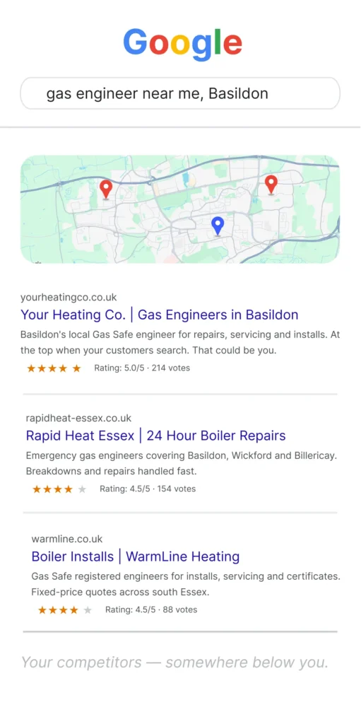 Google Maps top three for gas engineer near me in Basildon with your business ranked first