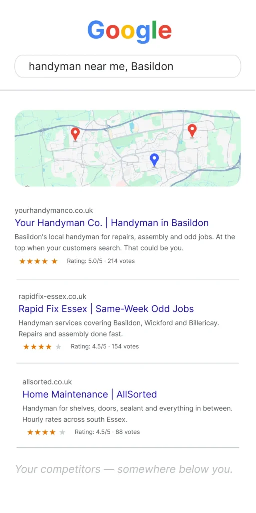 Google Maps top three for handyman near me in Basildon with your business ranked first
