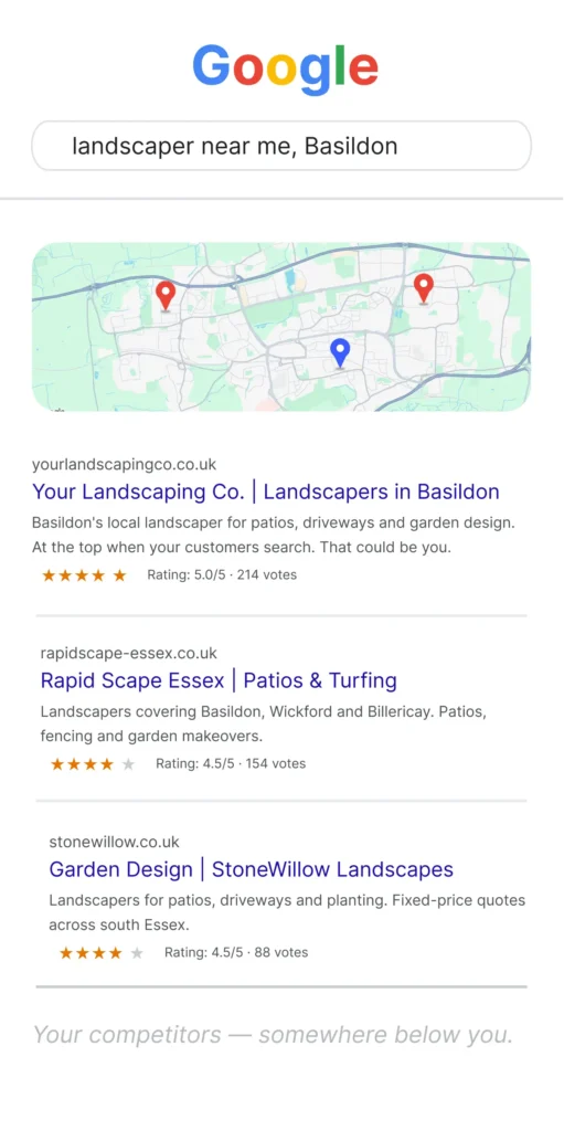 Google Maps top three for landscaper near me in Basildon with your business ranked first