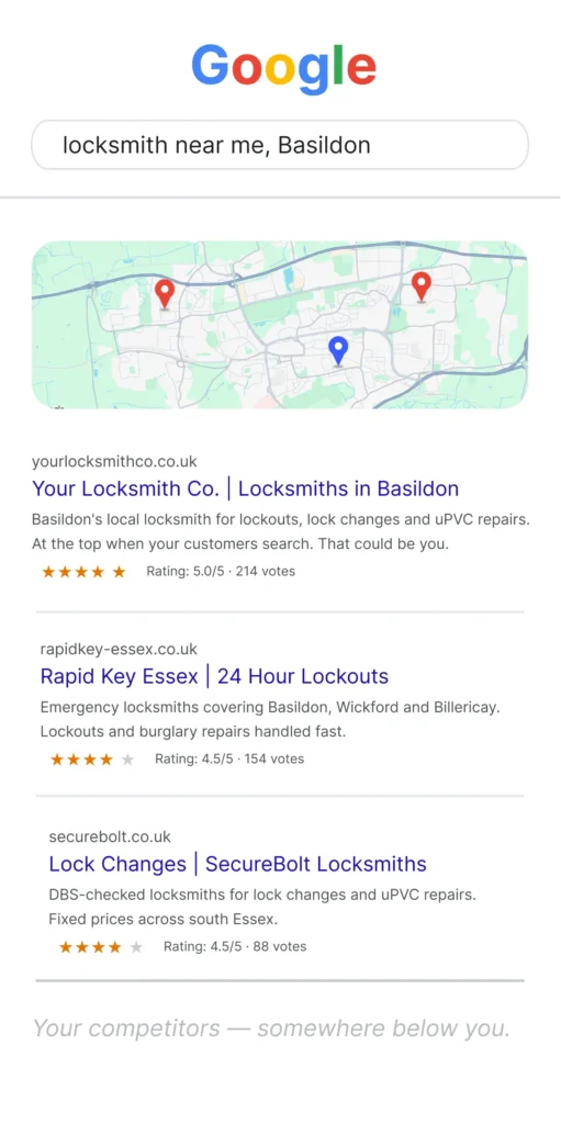 Google Maps top three for locksmith near me in Basildon with your business ranked first