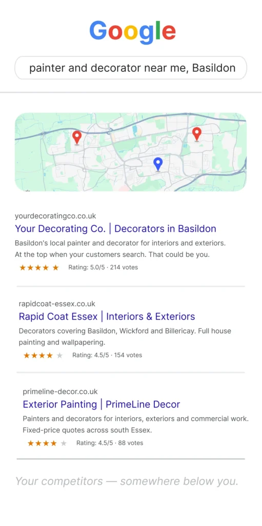 Google Maps top three for painter and decorator near me in Basildon with your business ranked first