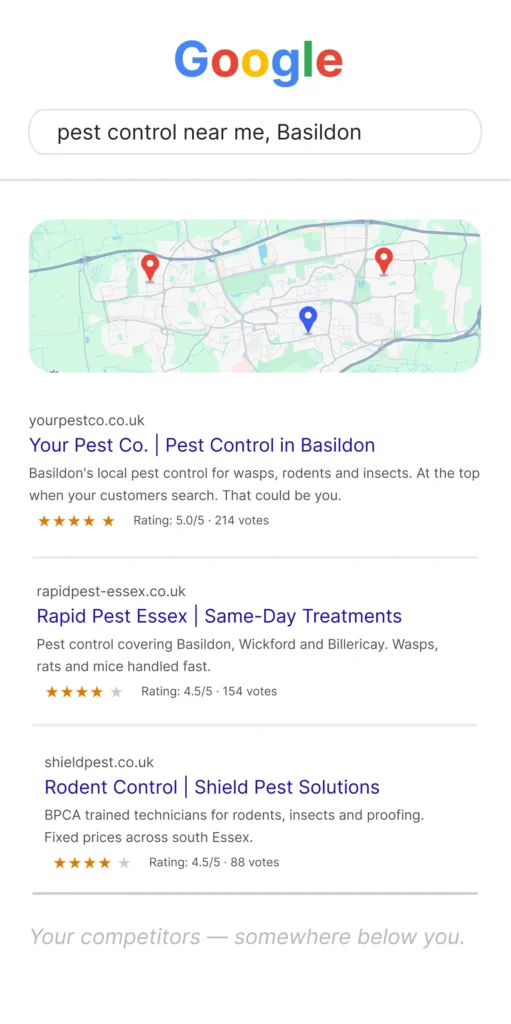 Google Maps top three for pest control near me in Basildon with your business ranked first