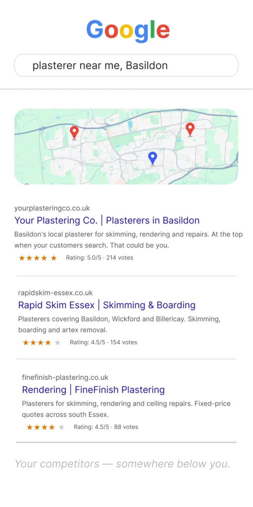 Google Maps top three for plasterer near me in Basildon with your business ranked first