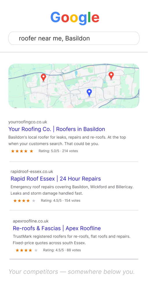 Google Maps top three for roofer near me in Basildon with your business ranked first