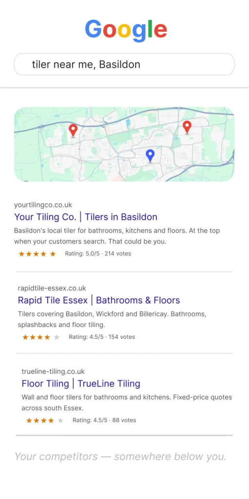Google Maps top three for tiler near me in Basildon with your business ranked first