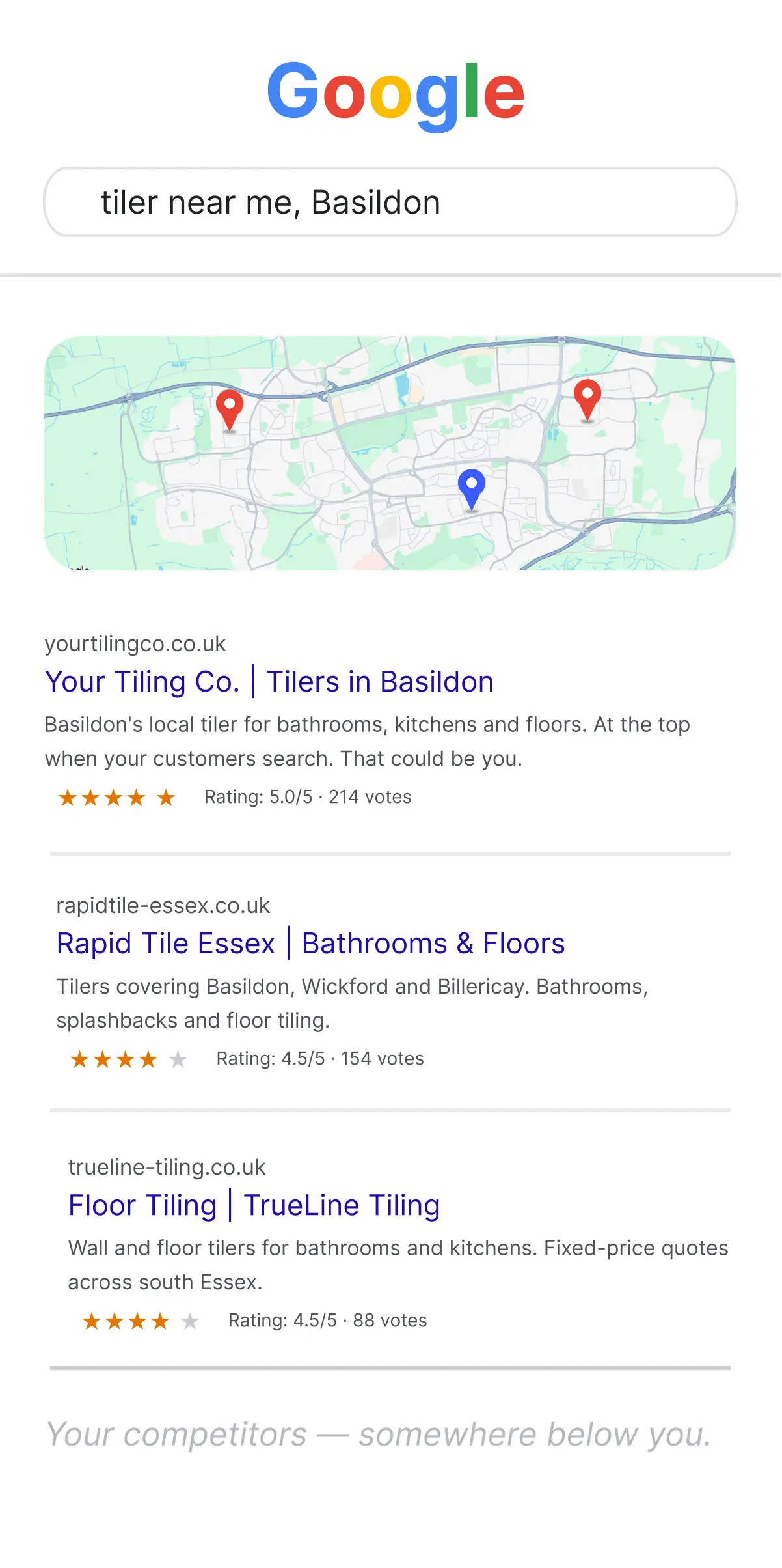 Google Maps top three for tiler near me in Basildon with your business ranked first