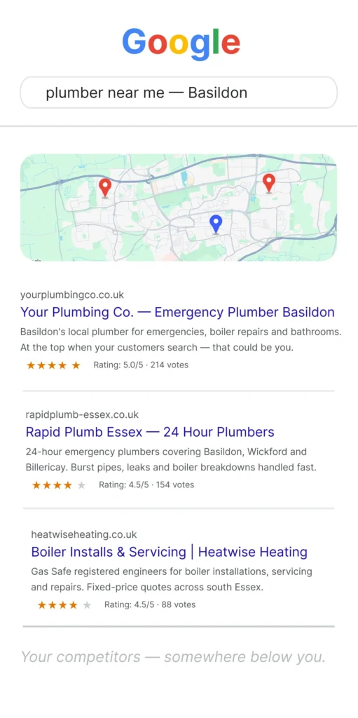 Local SEO for trades: plumber near me Basildon Google Maps result