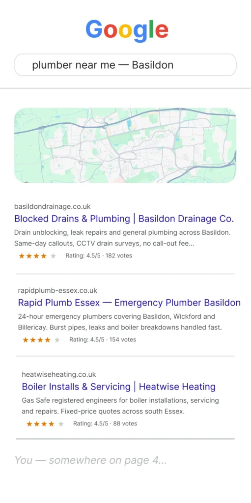 Google search results for plumber in Basildon with three competitors ranking above you