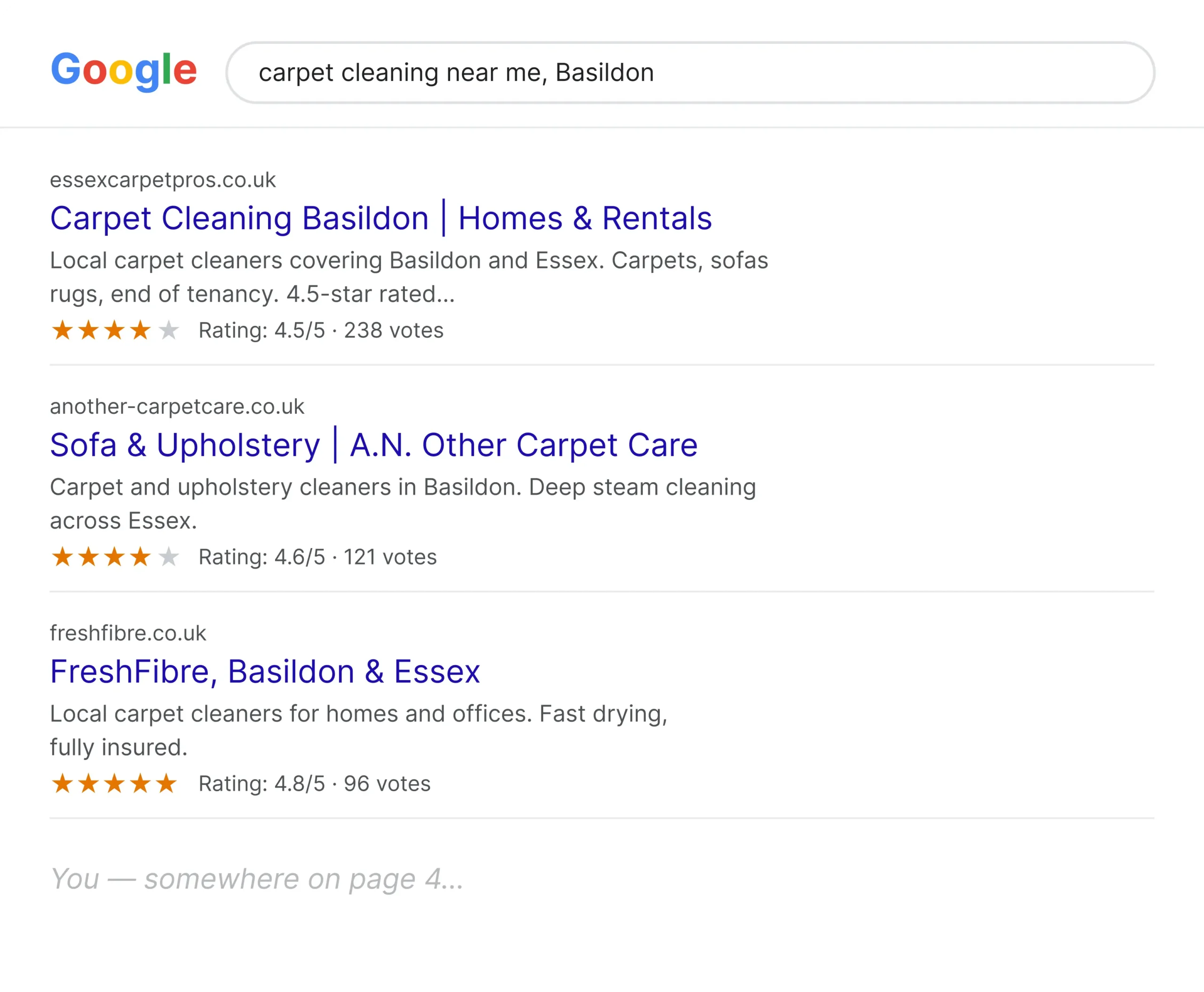 SEO for carpet cleaners in Essex, Google results for carpet cleaning near me in Basildon