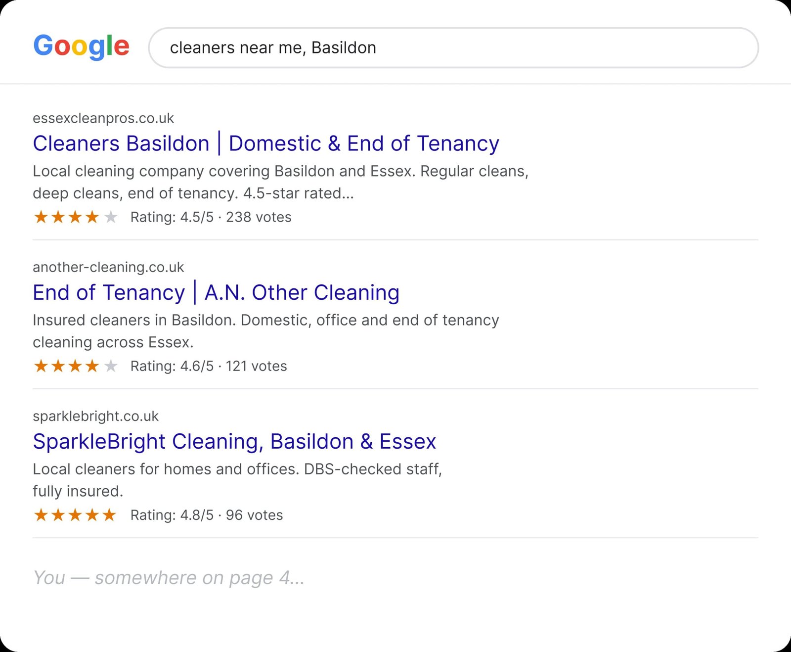 SEO for cleaners in Essex, Google results for cleaners near me in Basildon