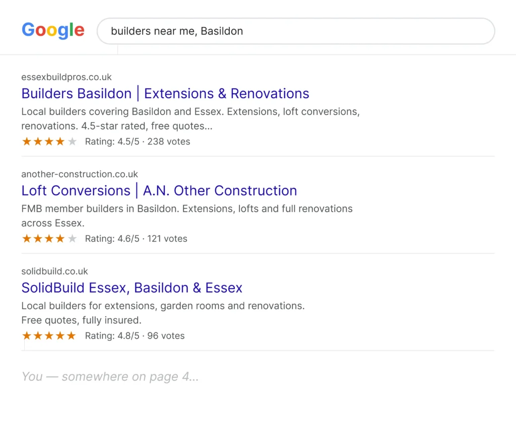 SEO for builders in Essex, Google results for builders near me in Basildon