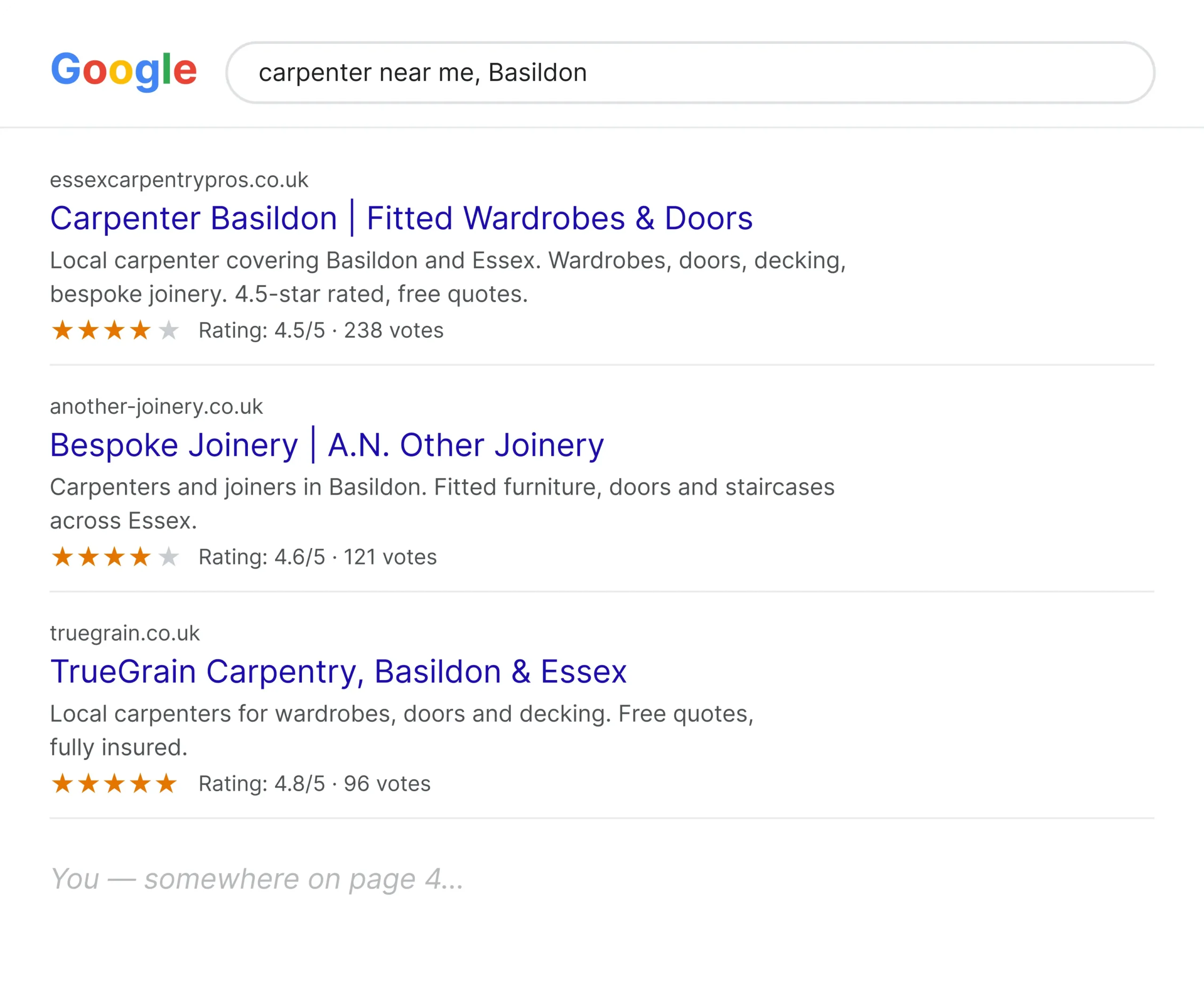 SEO for carpenters in Essex, Google results for carpenter near me in Basildon