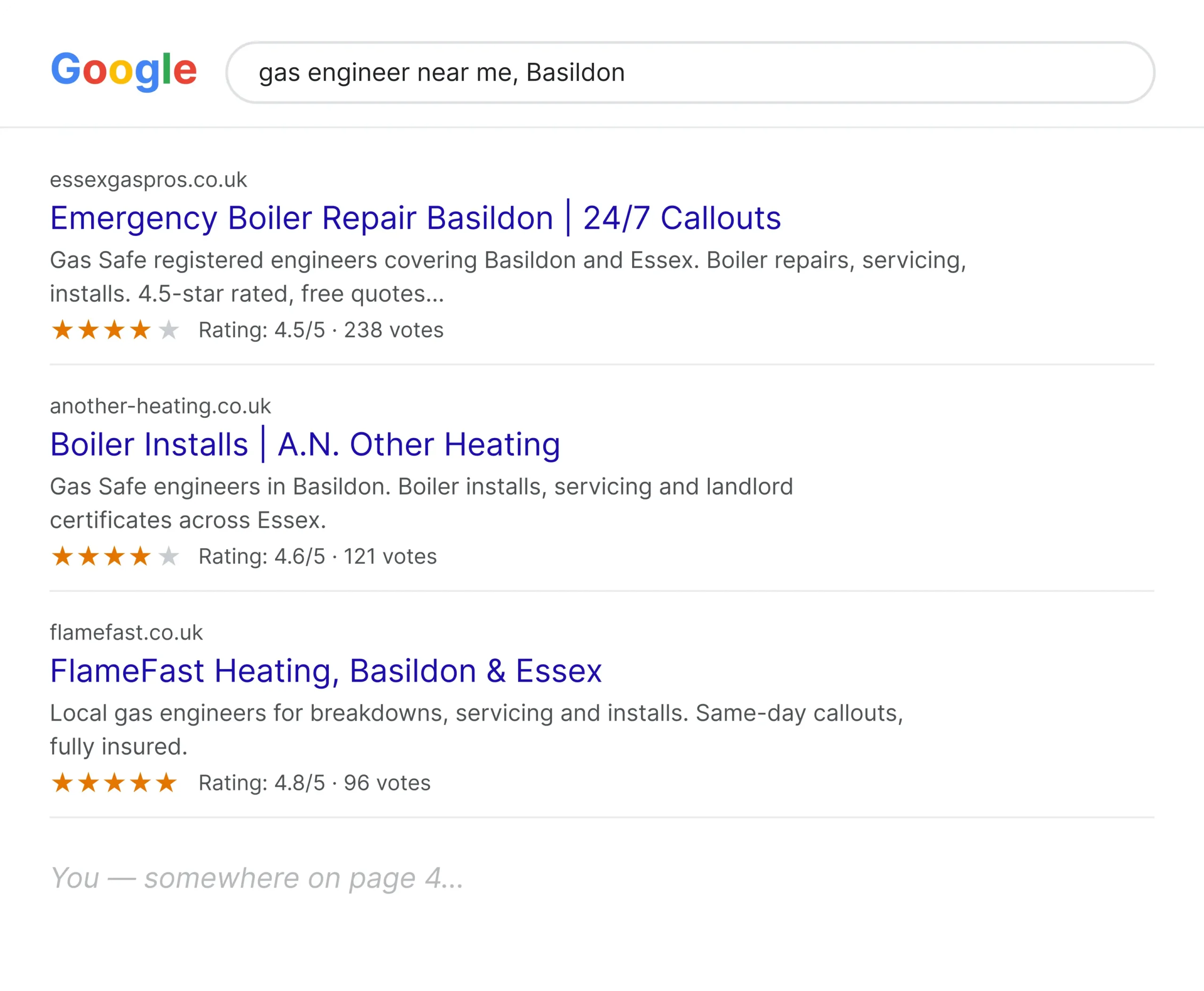 SEO for gas engineers in Essex, Google results for gas engineer near me in Basildon