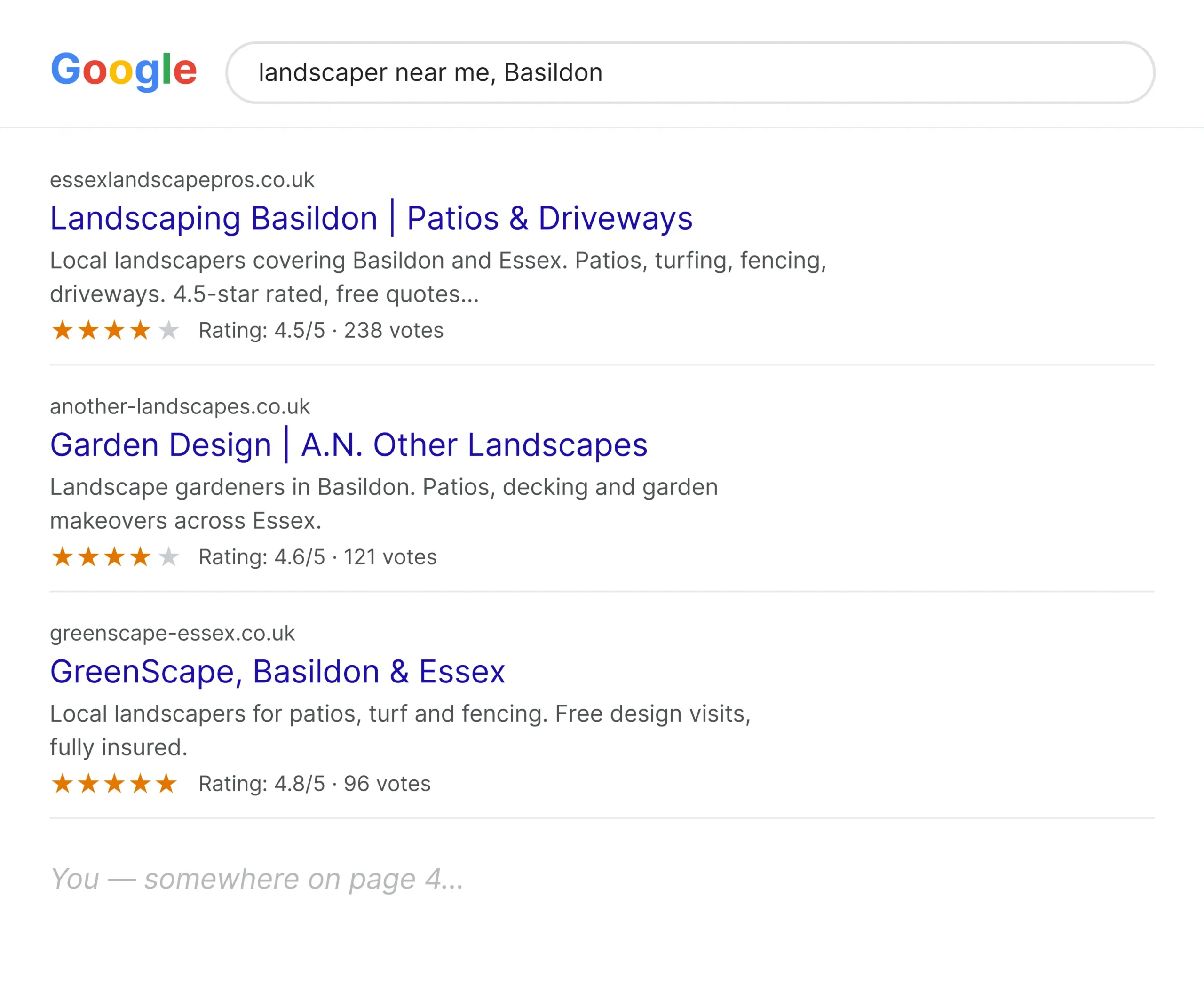 SEO for landscapers in Essex, Google results for landscaper near me in Basildon