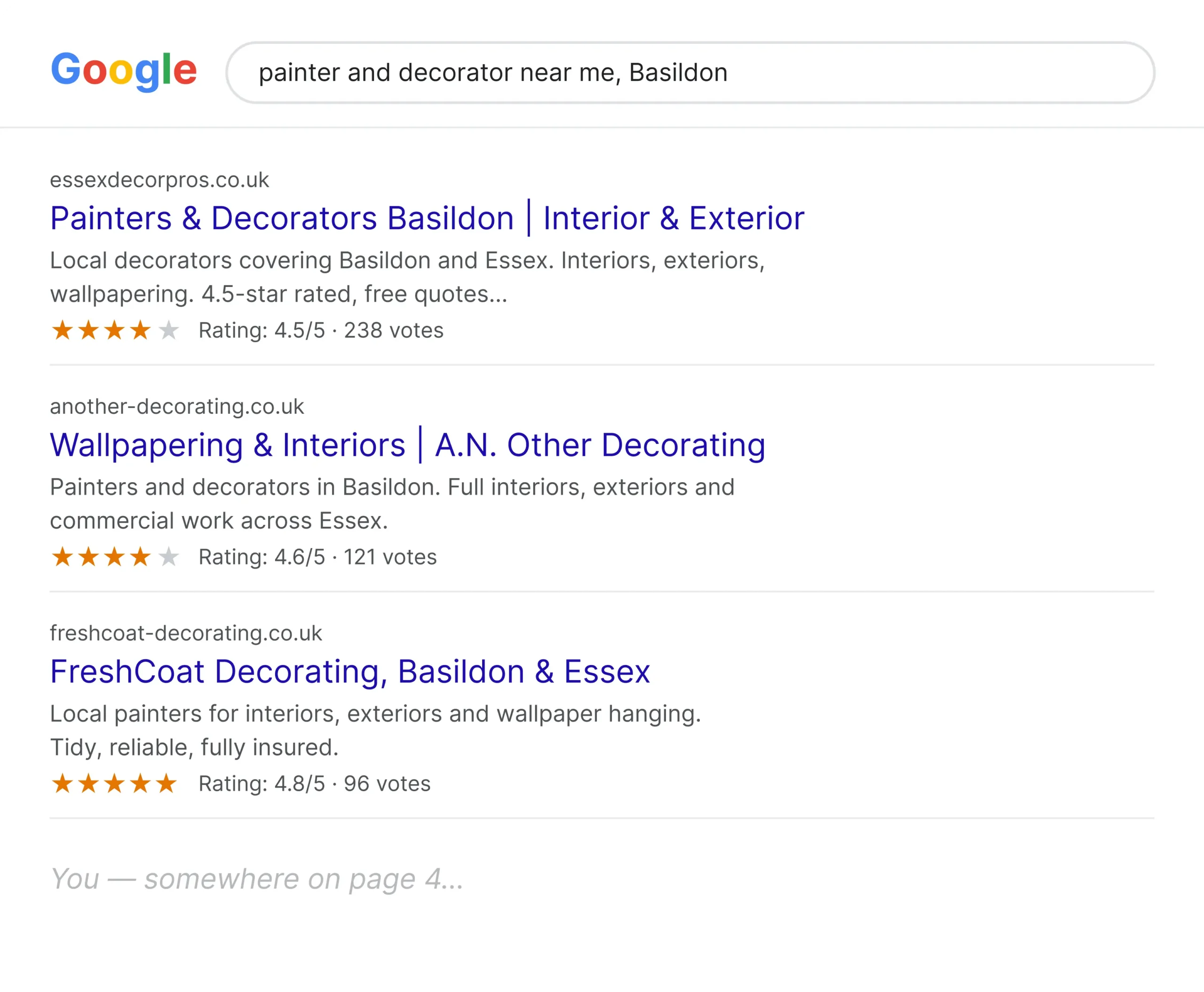 SEO for painters and decorators in Essex, Google results for decorator near me in Basildon