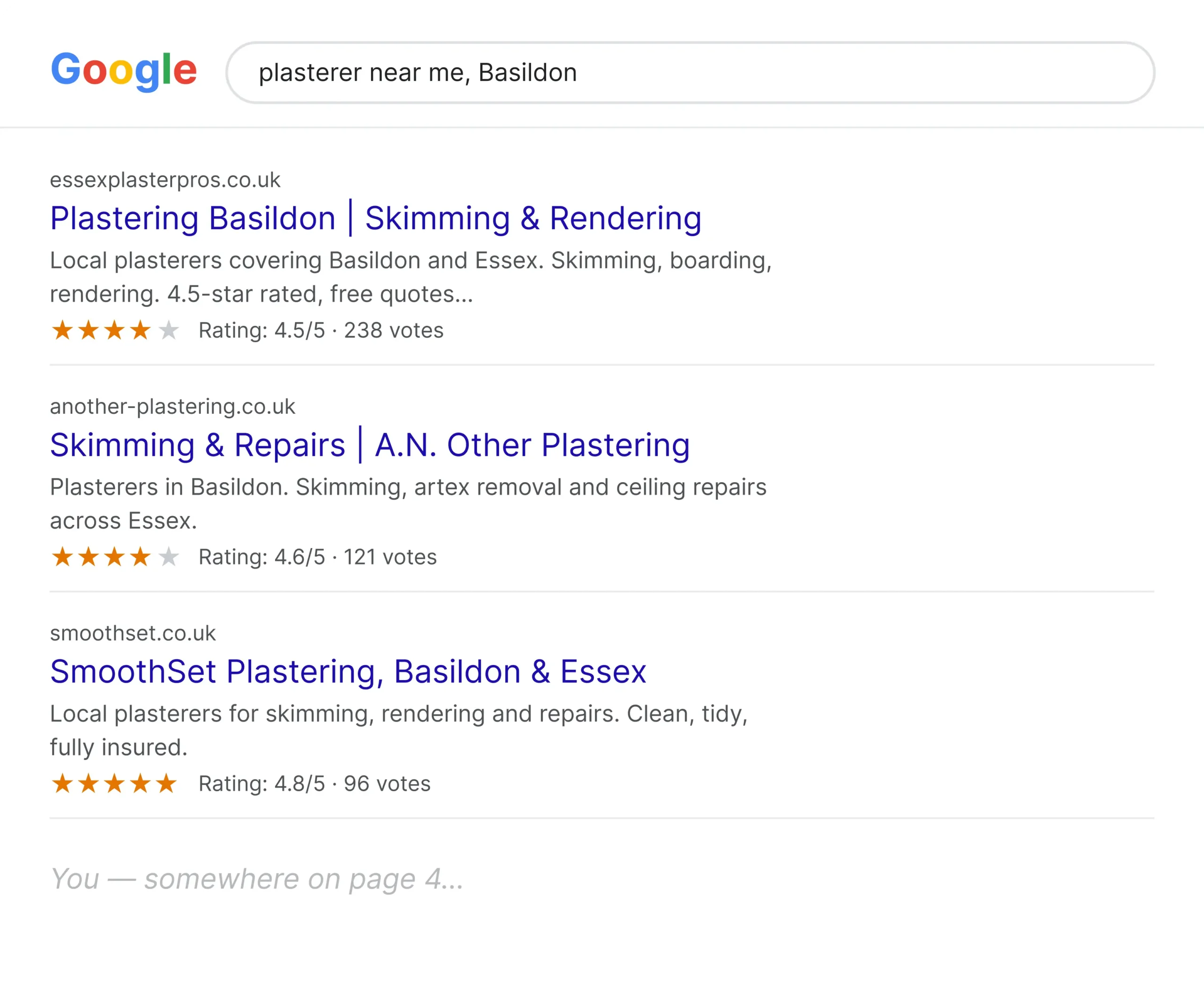 SEO for plasterers in Essex, Google results for plasterer near me in Basildon
