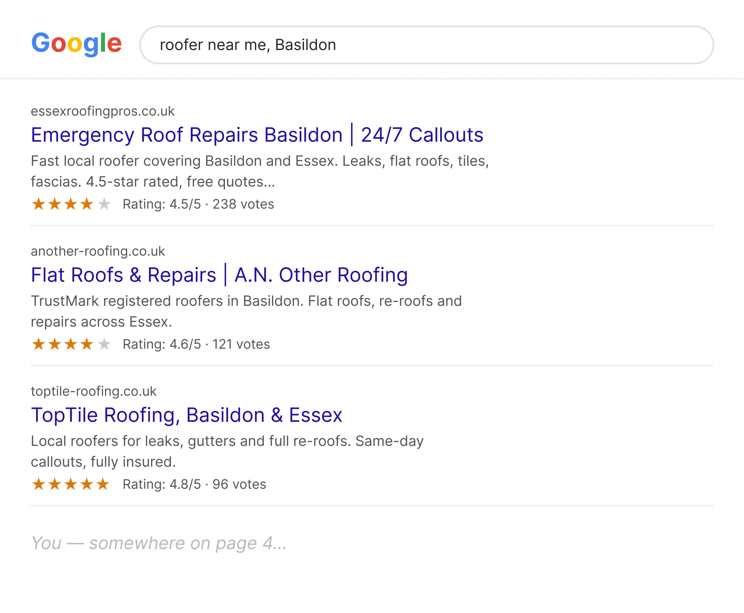 SEO for roofers in Essex, Google results for roofer near me in Basildon