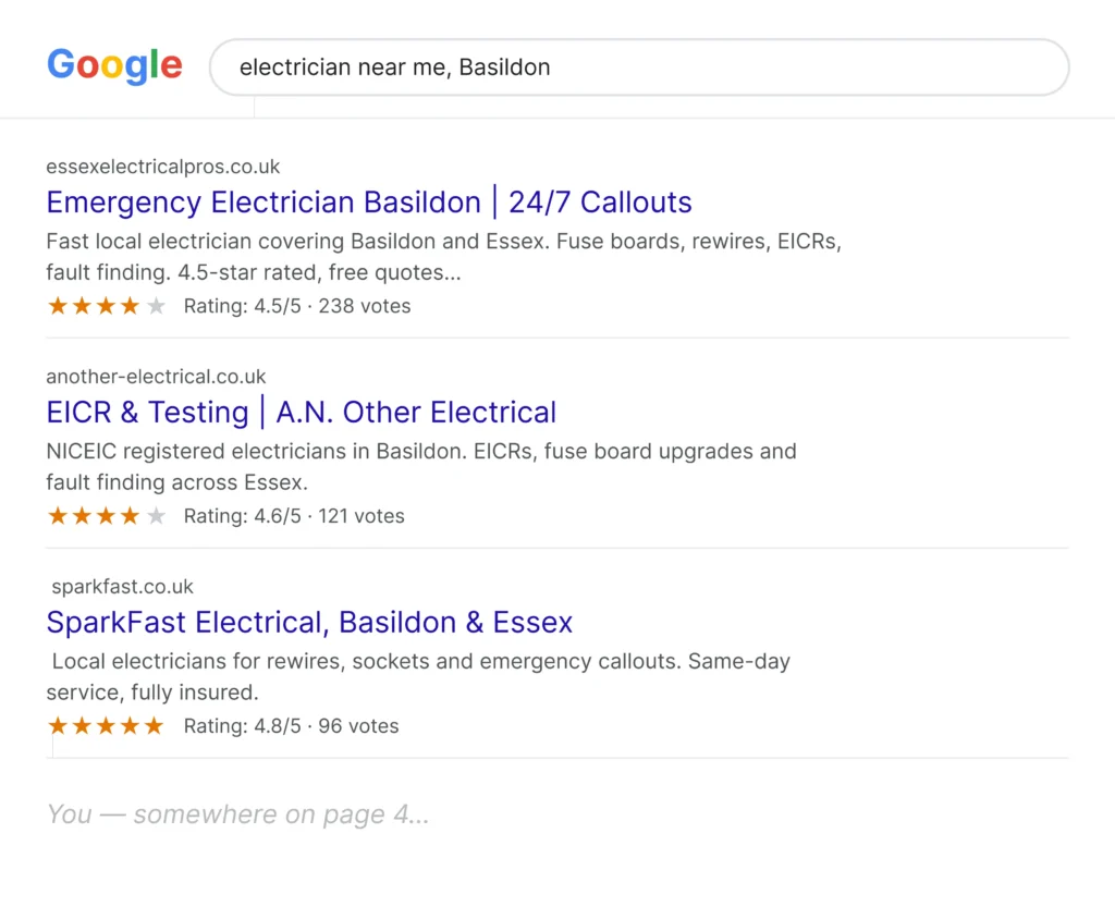 SEO for trades in Essex showing electrician results in Basildon