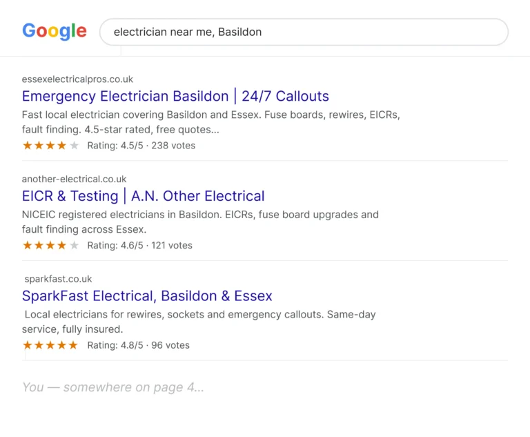 SEO for electricians in Essex, Google results for electrician near me in Basildon
