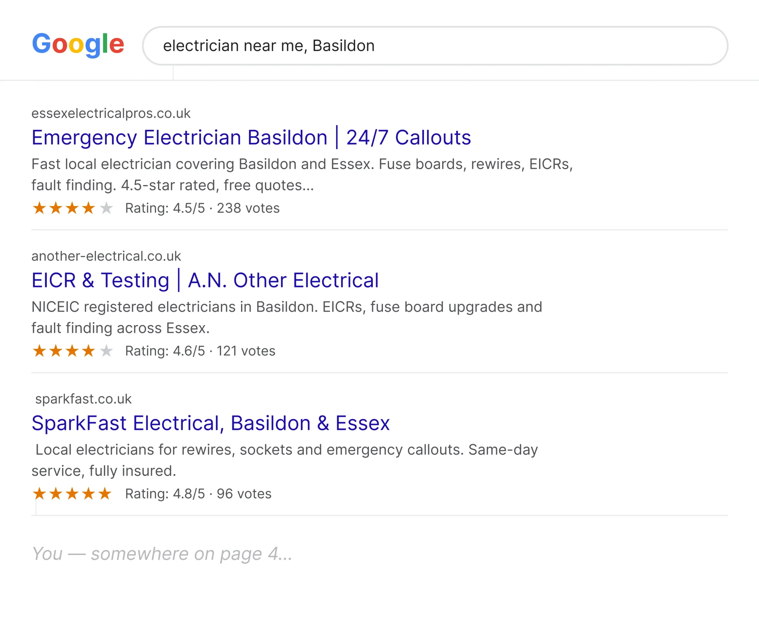 SEO for electricians in Essex, Google results for electrician near me in Basildon