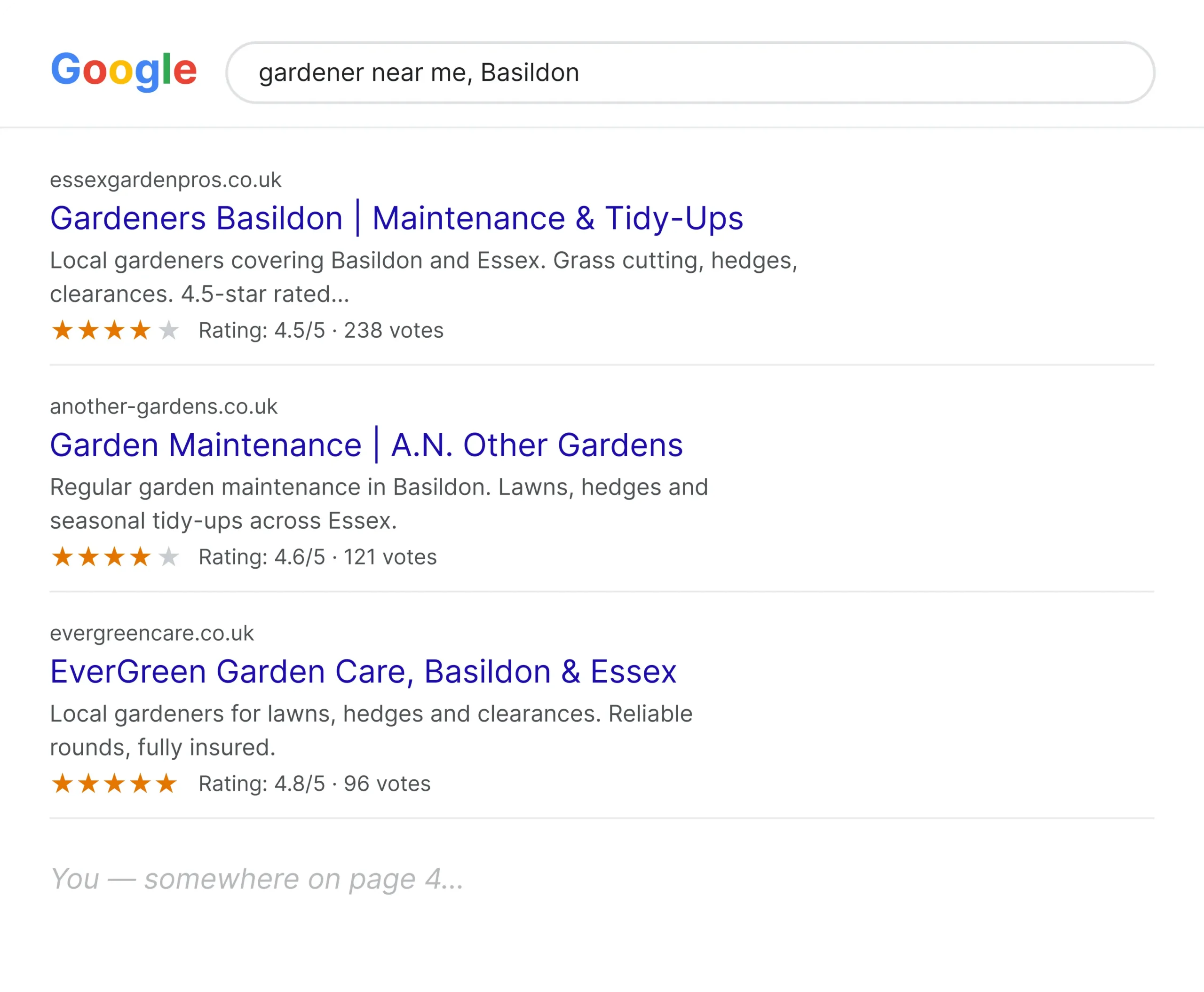SEO for gardeners in Essex, Google results for gardener near me in Basildon