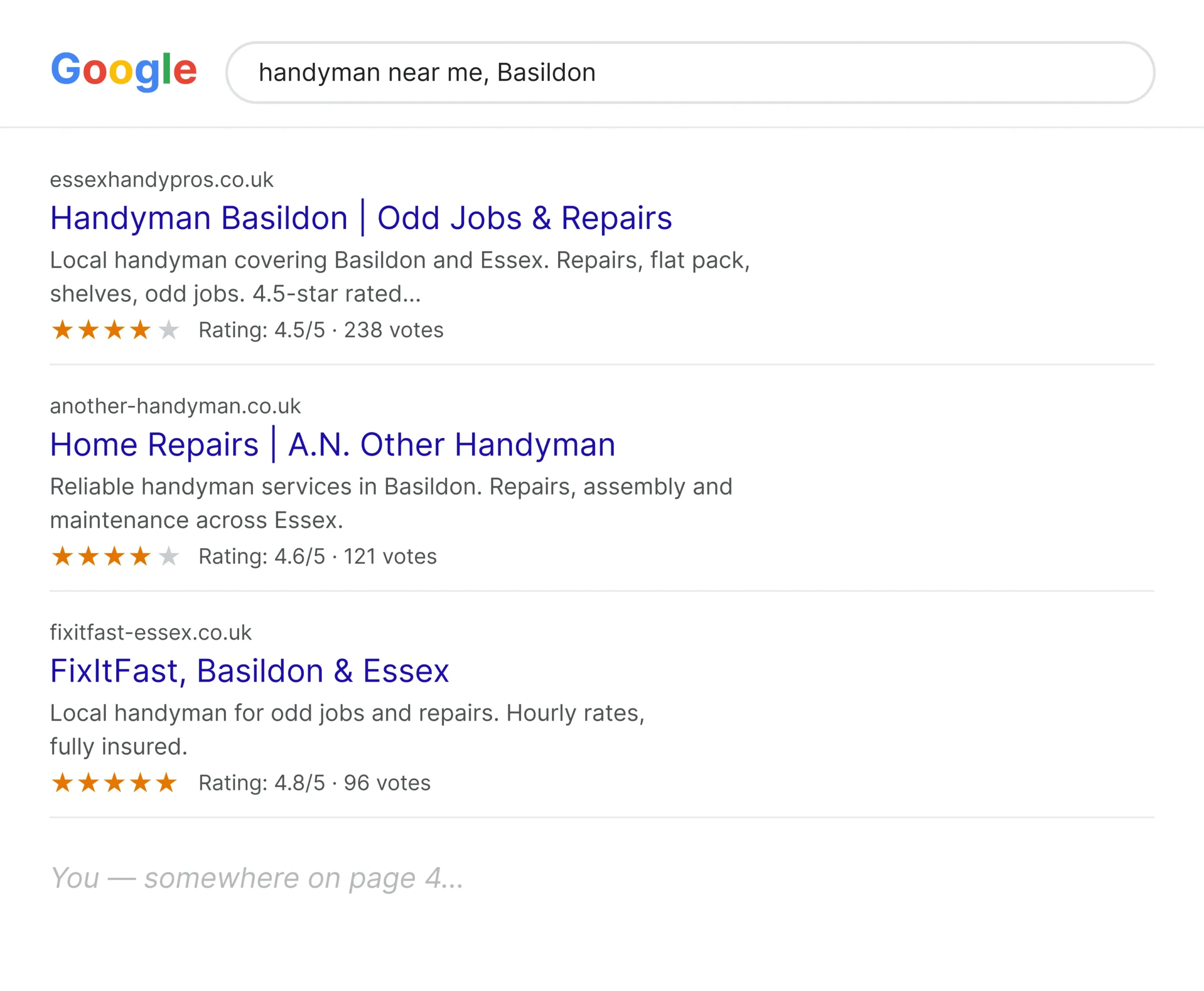 SEO for handymen in Essex, Google results for handyman near me in Basildon
