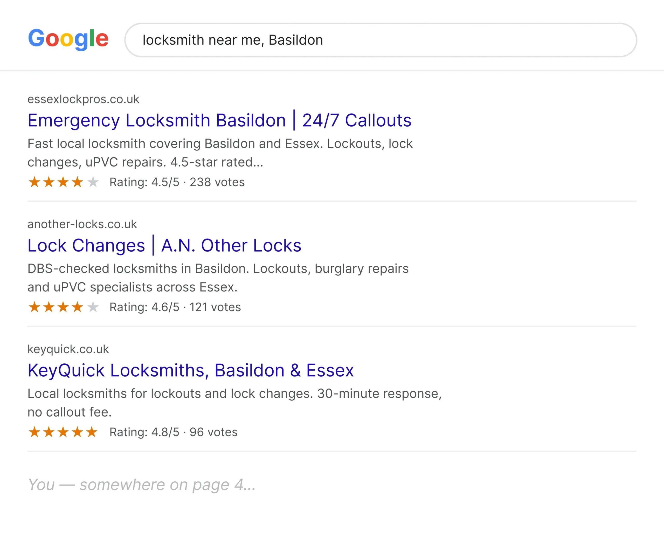 SEO for locksmiths in Essex, Google results for locksmith near me in Basildon