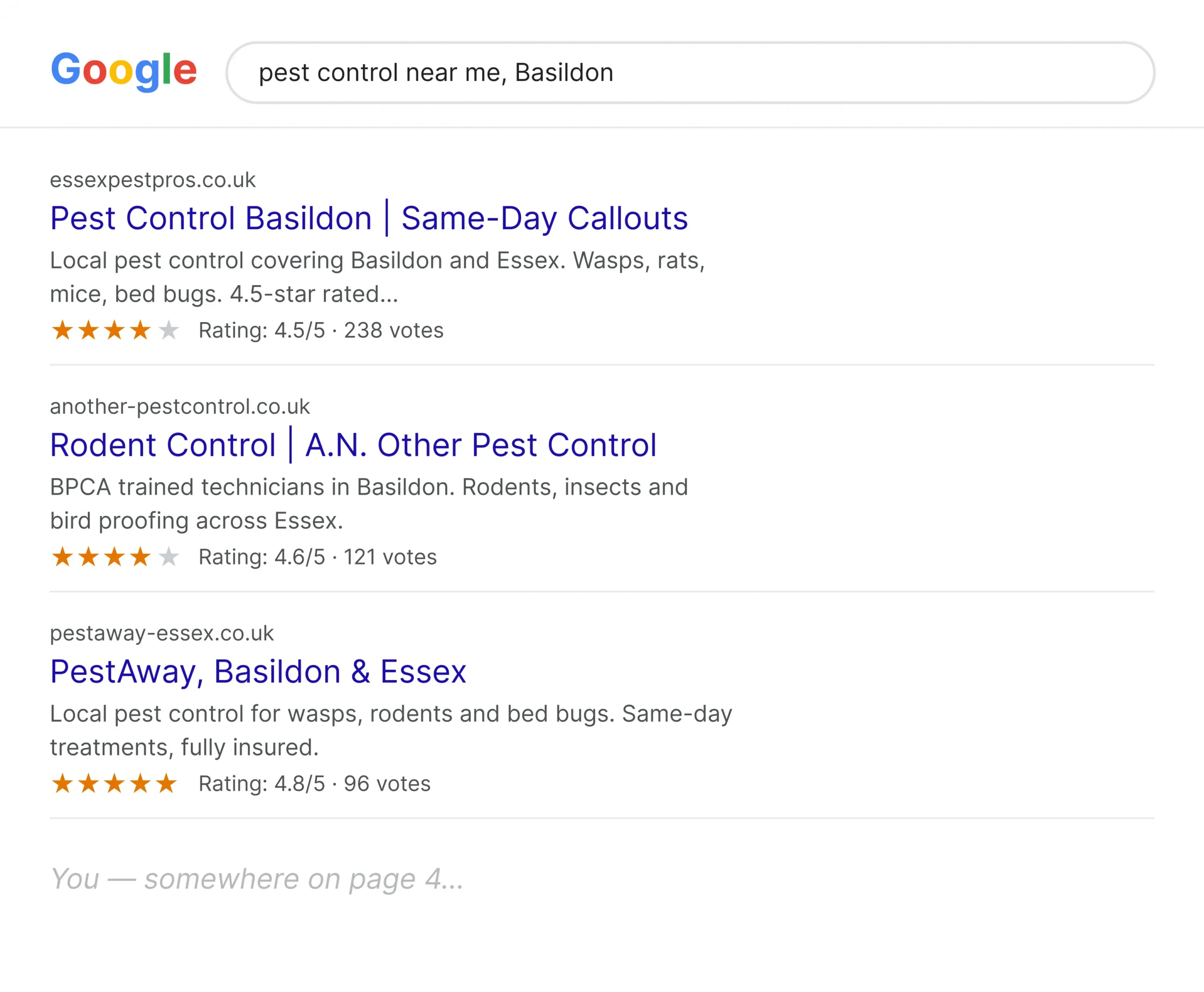 SEO for pest control in Essex, Google results for pest control near me in Basildon
