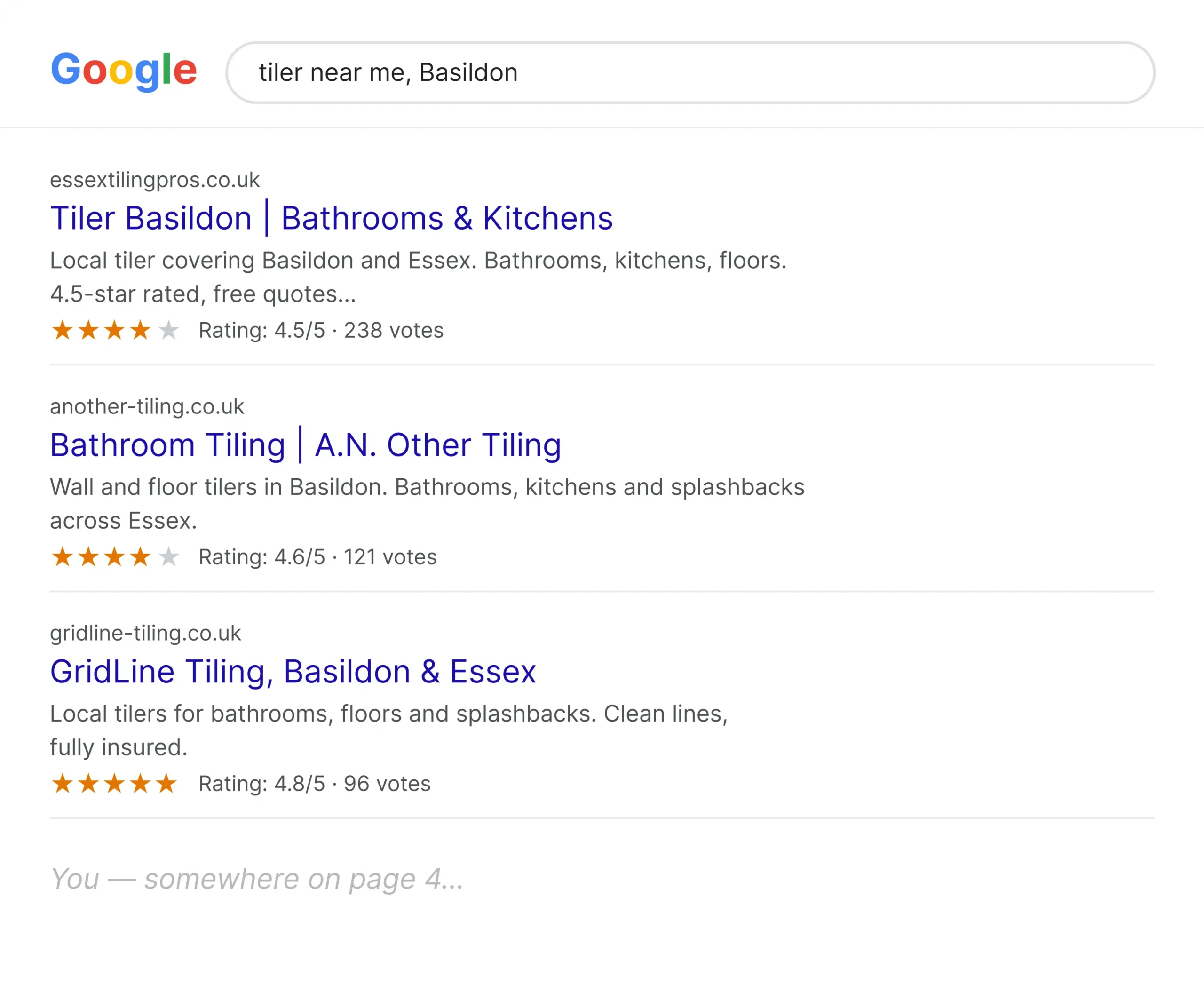 SEO for tilers in Essex, Google results for tiler near me in Basildon