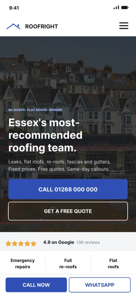 The same trade website on a phone, with a call button and reviews above the fold