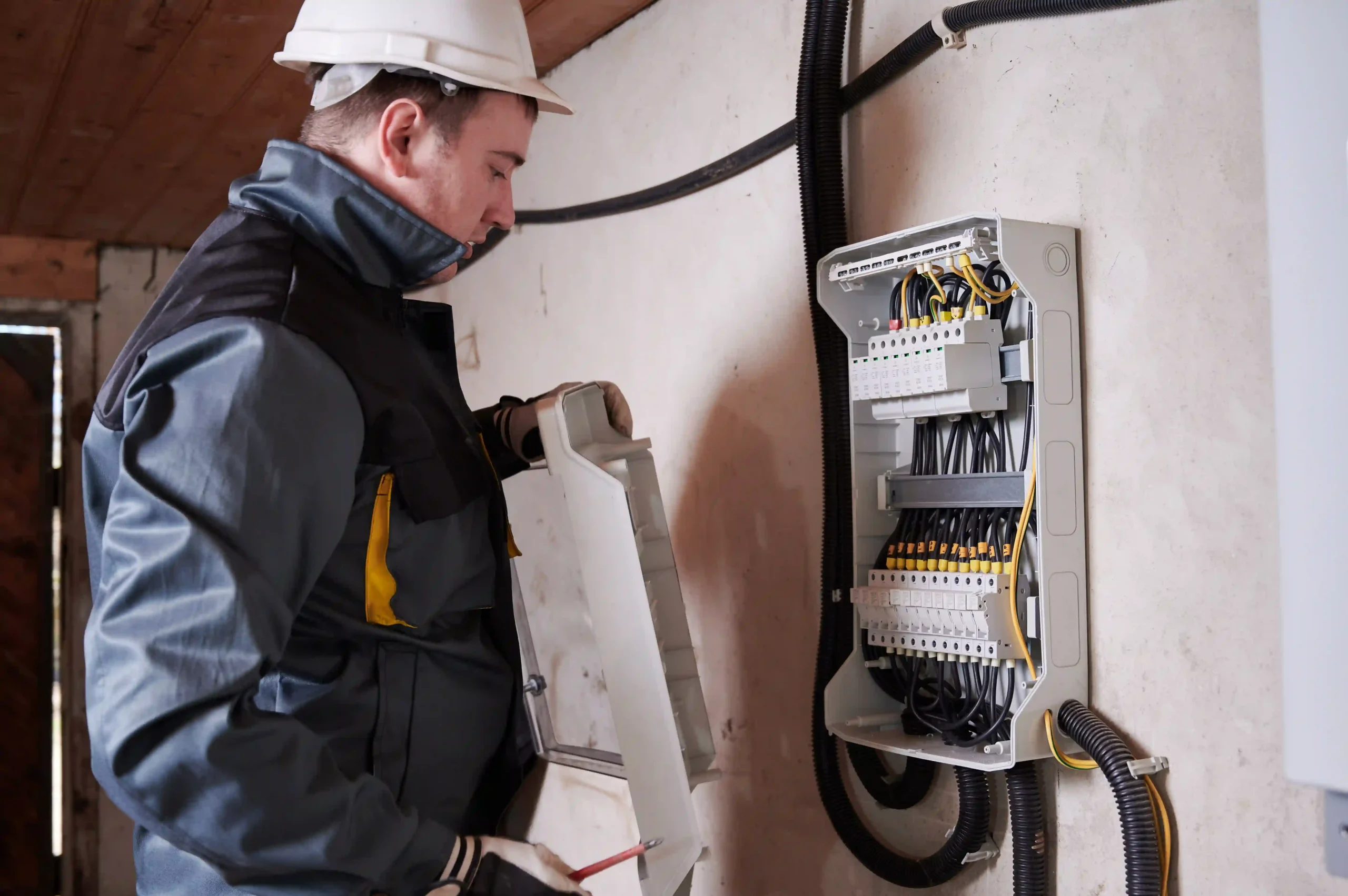 Electrician checking switchboard in basement